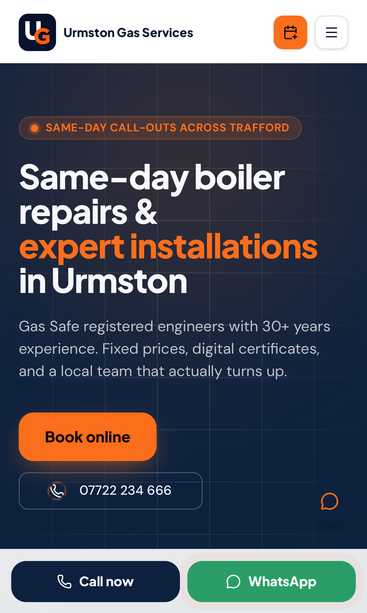 Urmston Gas Services website on a phone